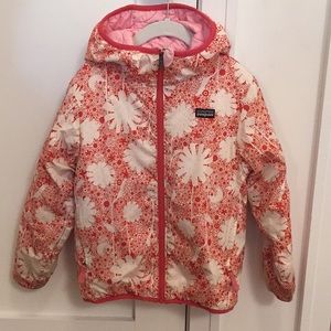 Girls Patagonia Reversible Puffer Jacket, Pink/Orangey Red. Size XS or S.